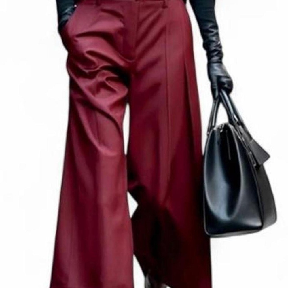 UOOZEE Loose Ninth Wide Leg Pants Burgundy Zipper Casual Pants Trousers